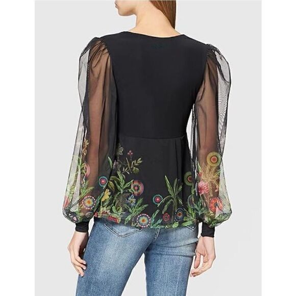 Desigual Black V-Neck Sheer Floral Overlay w/rhinestones Party Blouse XS - Picture 2 of 9
